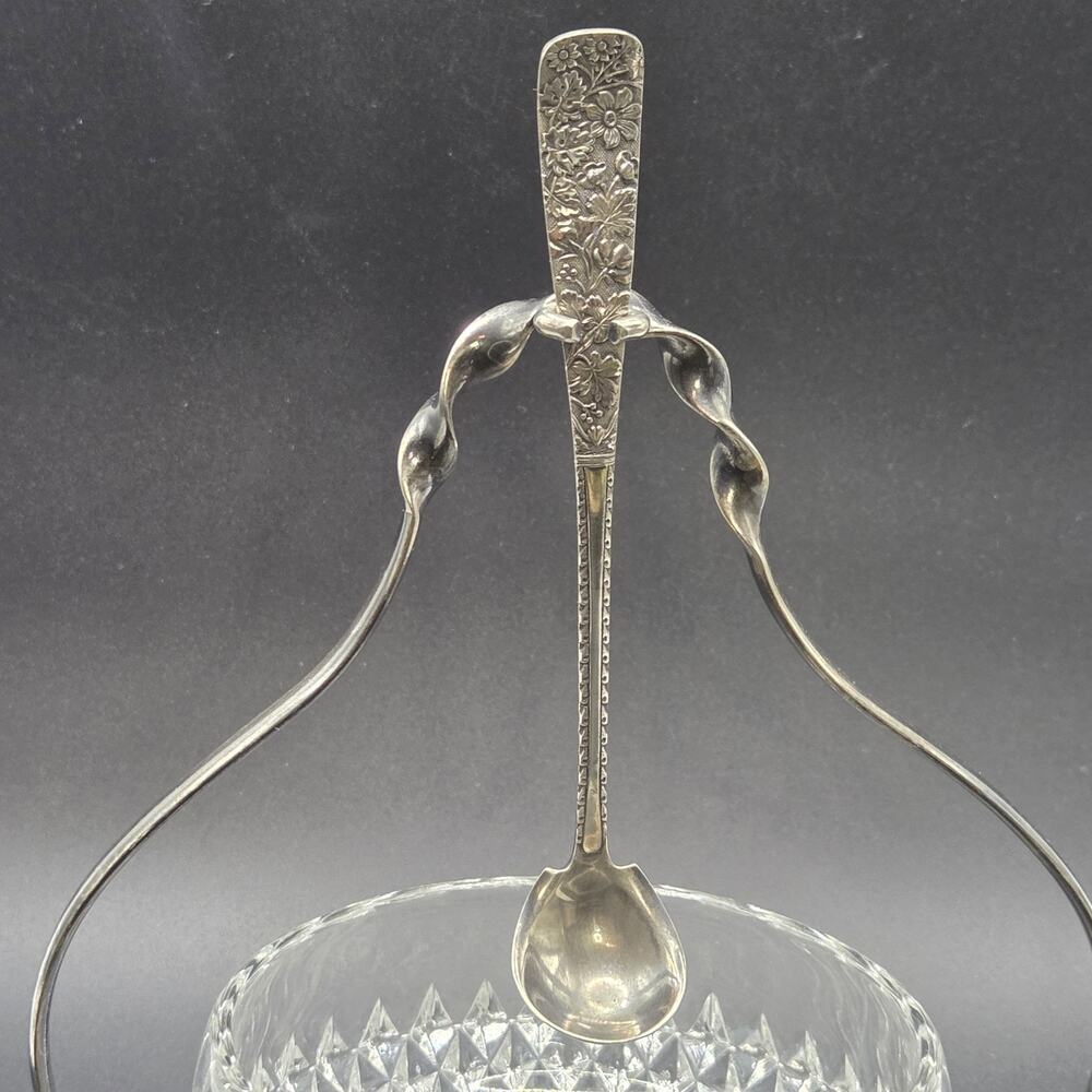 Vintage Glass Condiment Bowl and Meriden Silverplate Fruit Spoon w/ Holder